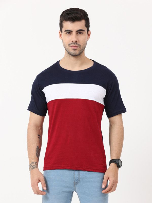 Mens Color Block Half Sleeve T-Shirt Men Colorblock Round Neck Pure Cotton Multicolor T-Shirt