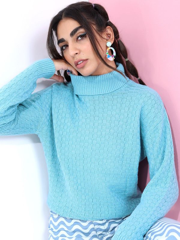 Women Solid High Neck Blue Sweater