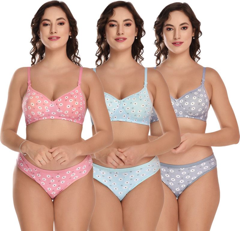 Bra & Panty Set Printed, Floral Print Multicolor Lingerie Set
