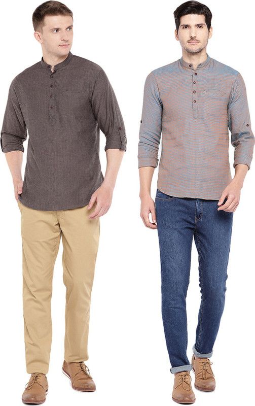 Pack of 2 Men Self Design Jacquard, Pure Cotton Straight Kurta  (Brown, Blue, Orange)