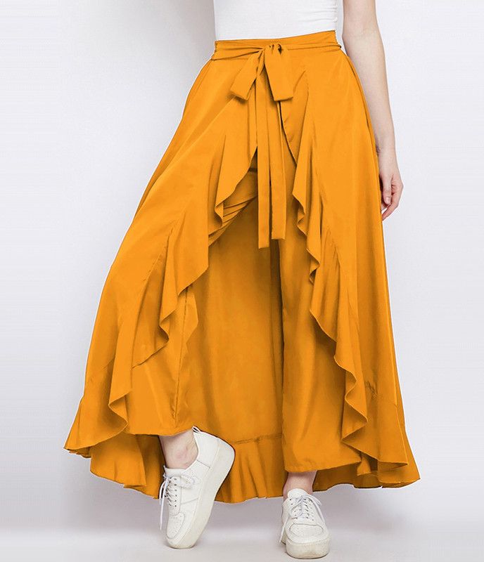 Women Regular Fit Yellow Satin Trousers