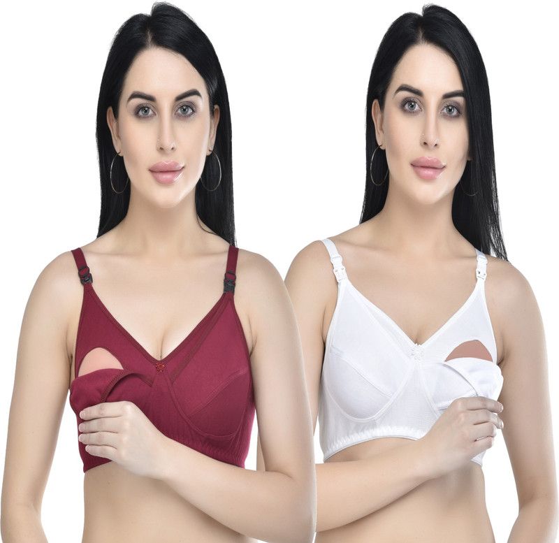Pack of 2 Women Maternity/Nursing Non Padded Bra  (White, Maroon)