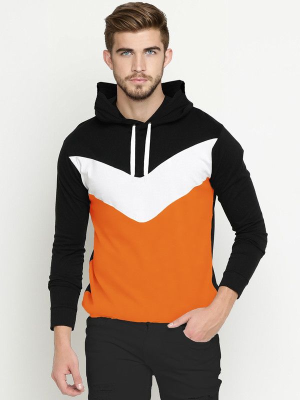 Men Colorblock Hooded Neck Pure Cotton White, Black, Orange T-Shirt