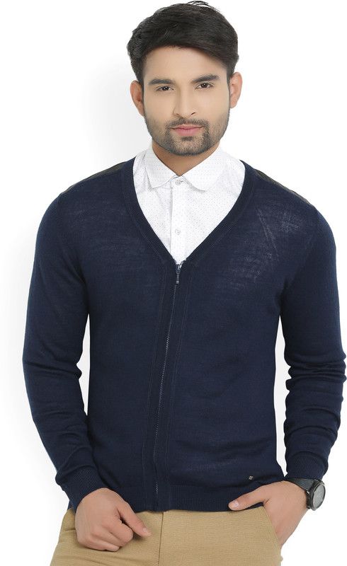 Men V-neck Dark Blue Sweater