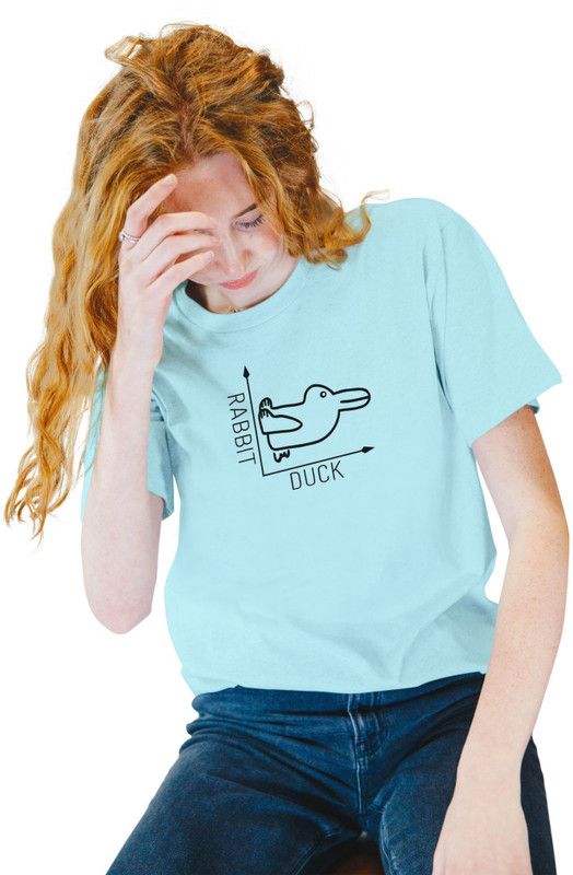 Women Cartoon Round Neck Pure Cotton Light Blue T-Shirt