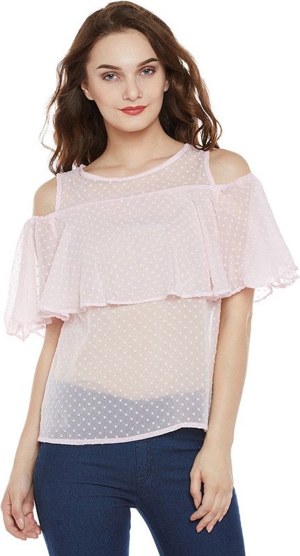 Casual Flared Sleeves Polka Print, Solid Women Pink Top