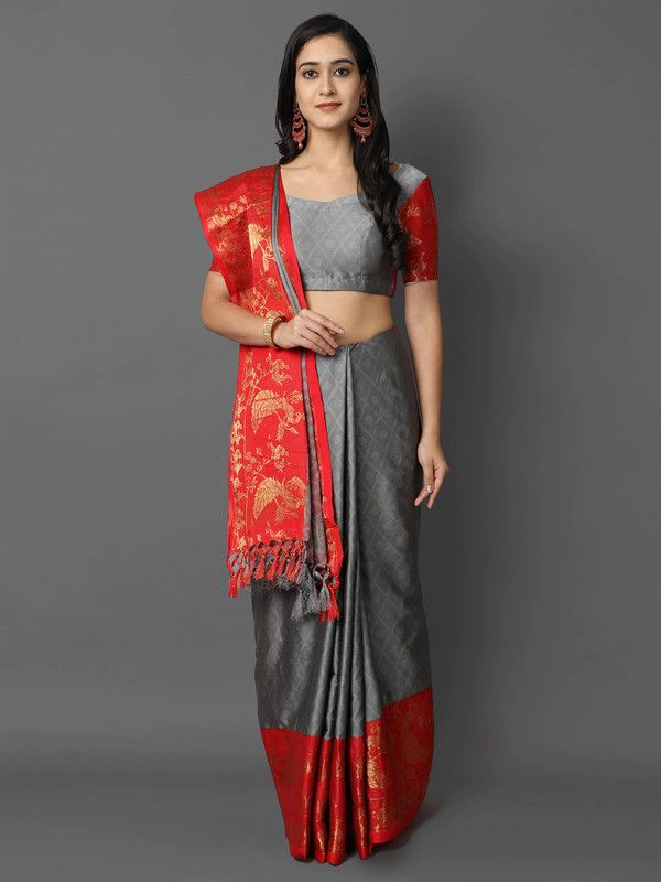 Woven Kovai Cotton Silk Saree  (Grey)