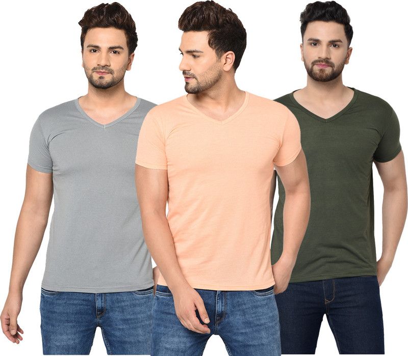 Pack of 3 Men Solid V Neck Cotton Blend Dark Green, Orange, Grey T-Shirt