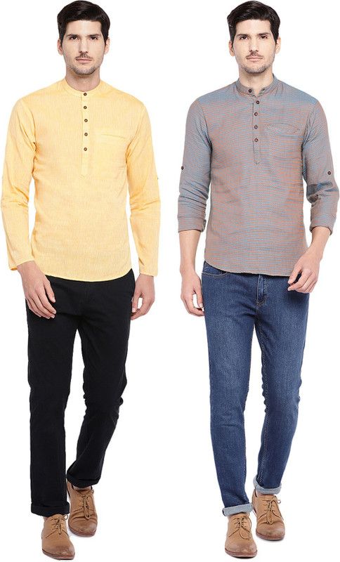 Pack of 2 Men Self Design Jacquard, Pure Cotton Straight Kurta  (Blue, Orange, Yellow)