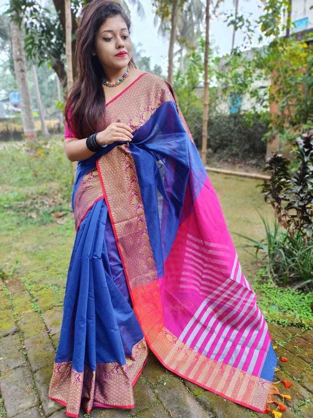 Self Design Bollywood Cotton Silk Saree  (Dark Blue, Pink)