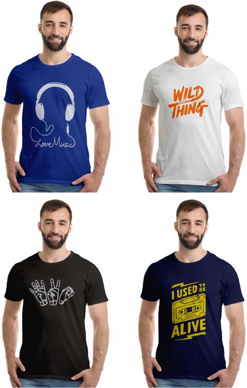 Pack of 4 Men Printed Round Neck Pure Cotton Black, Dark Blue, Light Blue, White T-Shirt