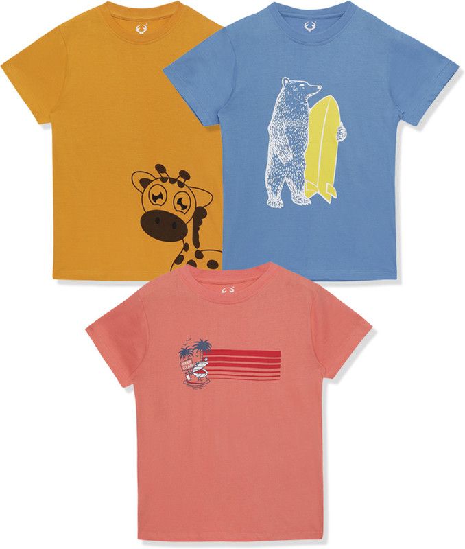 Boys Animal Print Pure Cotton T Shirt  (Blue, Pack of 3)
