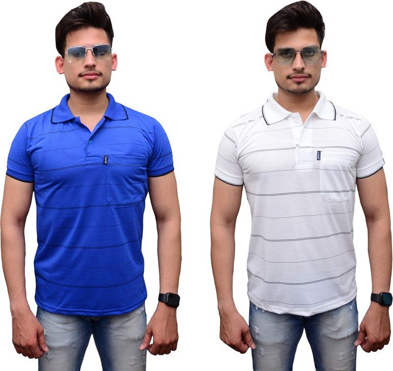 Striped Men Blue, White T-Shirt  (Pack of 2)