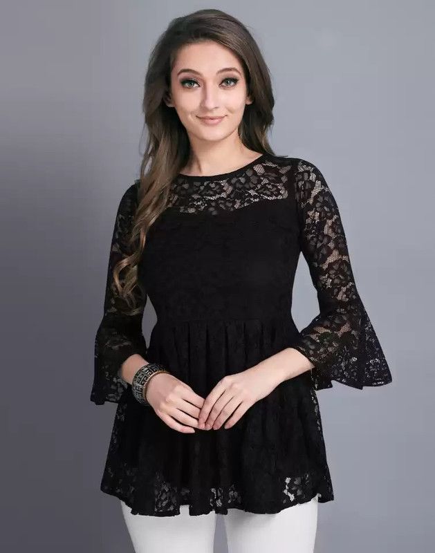 Casual Bell Sleeves Self Design, Lace Women Black Top