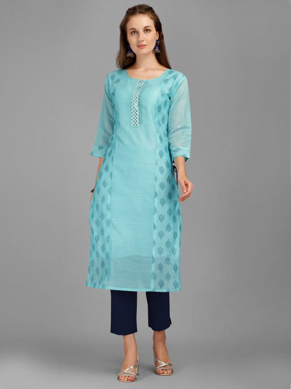 Women Printed Chanderi A-line Kurta  (Light Blue)