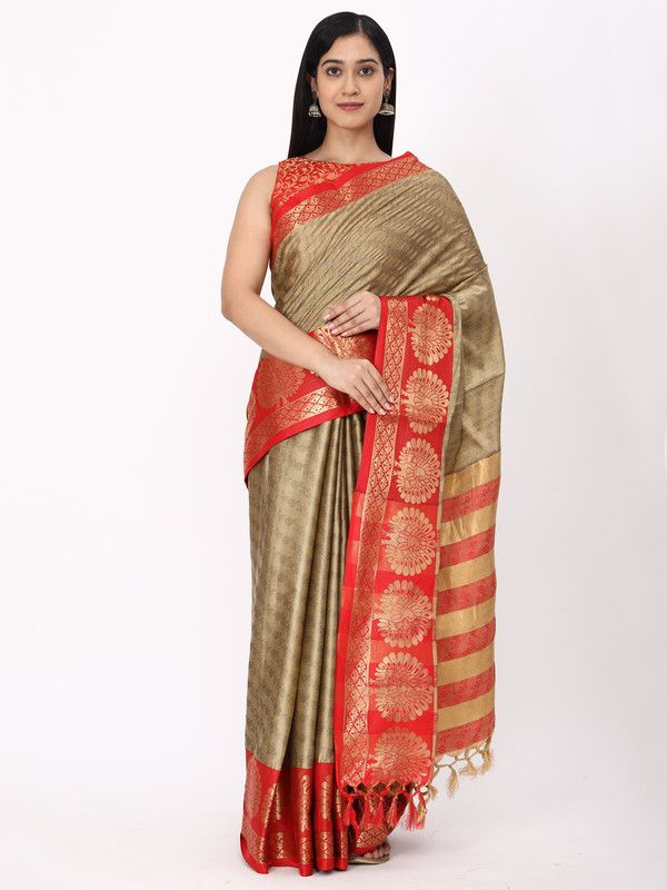 Embellished Maheshwari Cotton Silk Saree  (Beige)