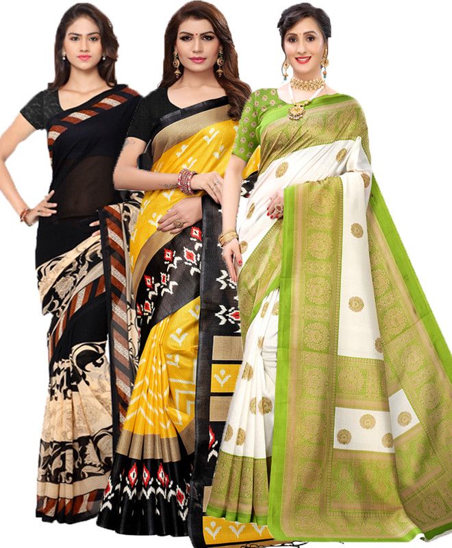 Geometric Print Bollywood Georgette Saree  (Pack of 3, Black, Yellow, Green)