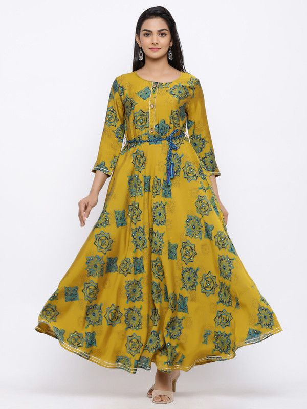 Women Printed Chanderi Flared Kurta  (Light Green)