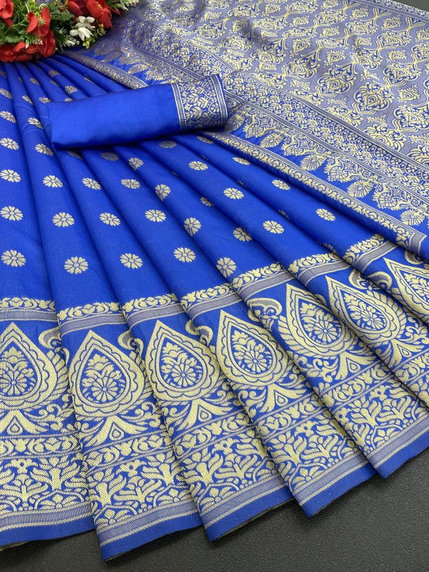Self Design, Woven Kanjivaram Silk Blend, Cotton Silk Saree  (Blue)