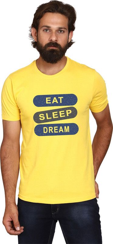 Aodach Men's Printed T-Shirt Men Typography Round Neck Cotton Blend Yellow T-Shirt