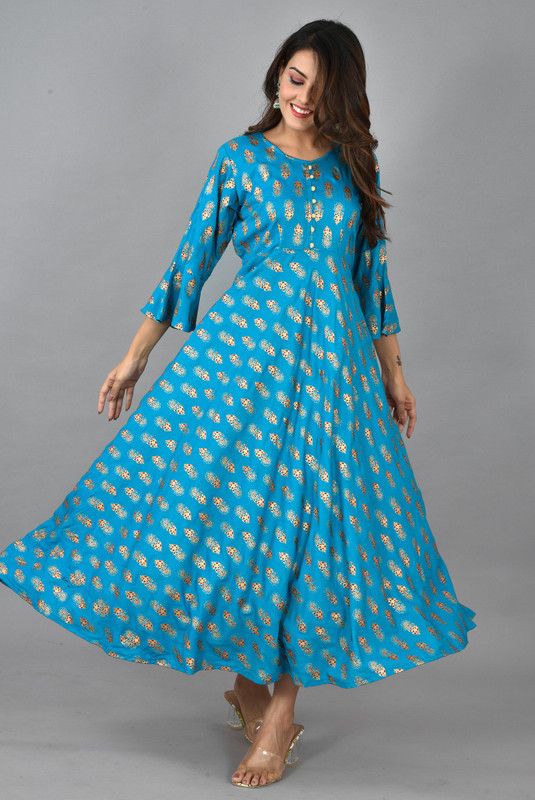 Women Printed Viscose Rayon A-line Kurta  (Light Blue)