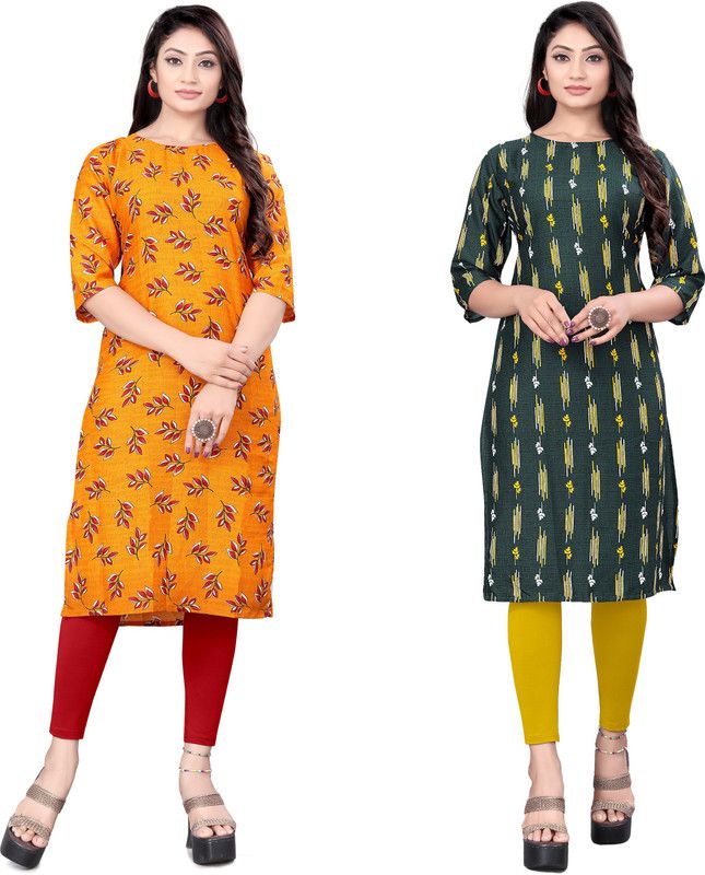 Women Printed Kurta  (Green, Yellow)