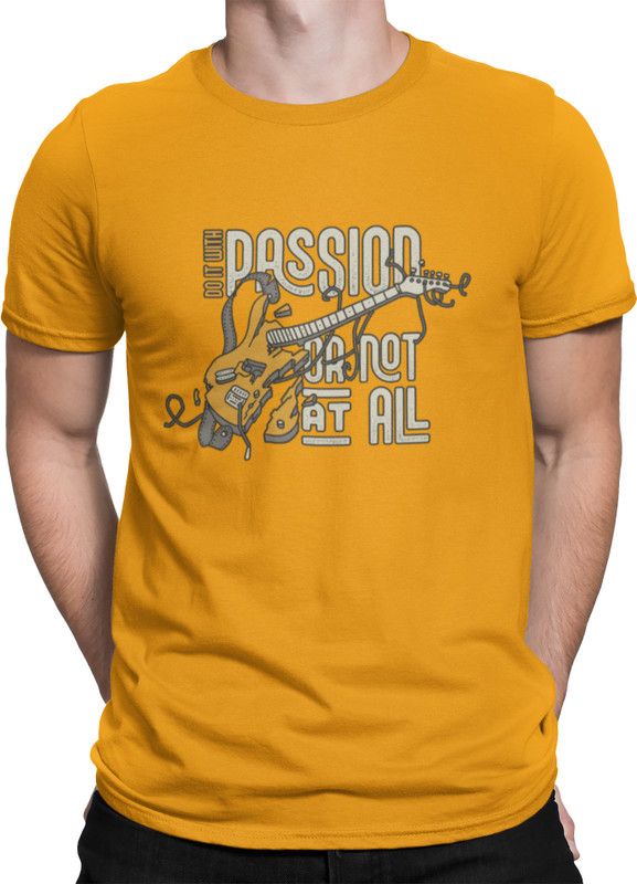 Men Printed, Typography Round Neck Pure Cotton Yellow T-Shirt