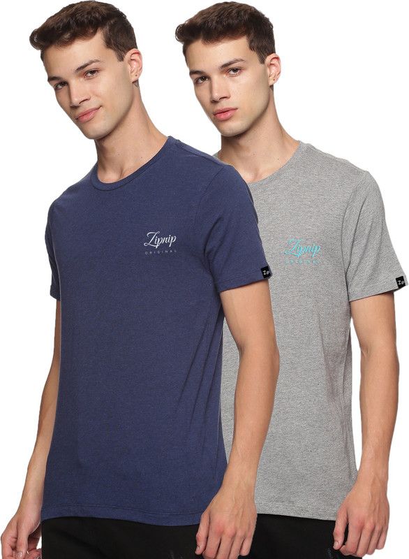 Pack of 2 Men Self Design Round Neck Pure Cotton Grey, Navy Blue T-Shirt