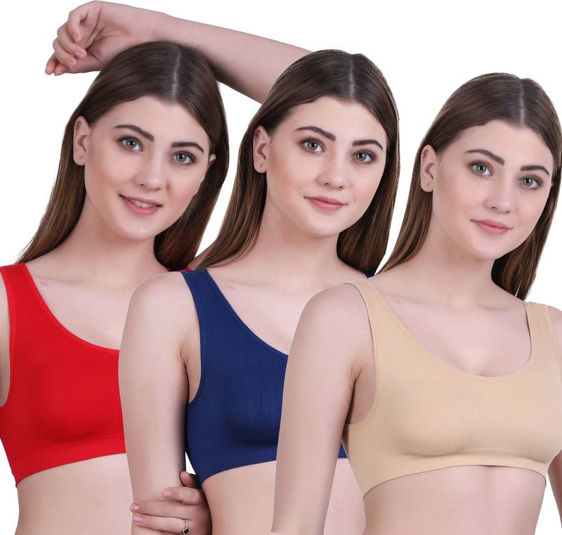 Pack of 3 Women Sports Non Padded Bra  (Red, Blue, Beige)