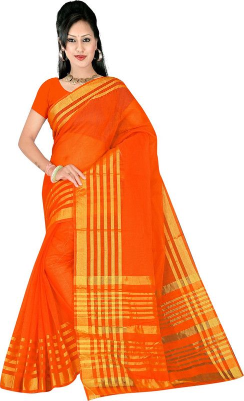 Striped Maheshwari Cotton Blend Saree  (Orange)