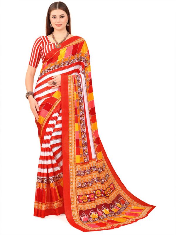 Geometric Print, Striped, Floral Print Bollywood Silk Blend Saree  (Red, White)