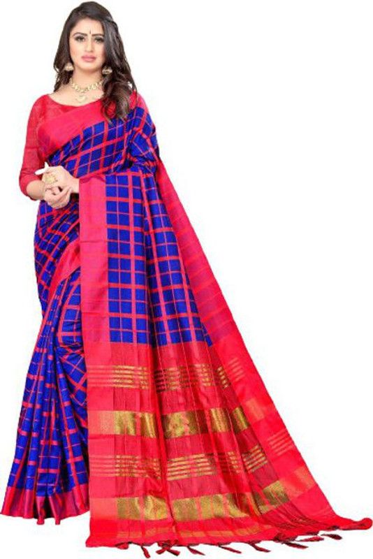 Checkered Bollywood Art Silk Saree  (Dark Blue, Red)