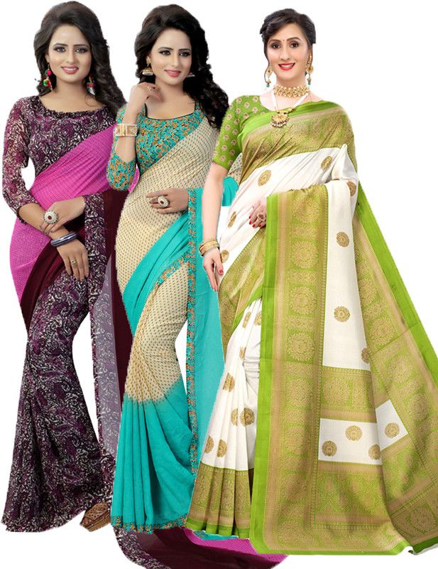 Printed Daily Wear Georgette Saree  (Pack of 3, Purple, Light Green, Green)