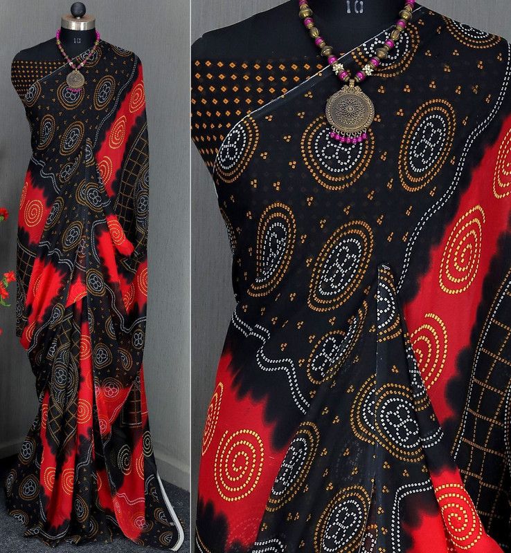 Floral Print, Polka Print Bollywood Georgette Saree  (Red, Black)