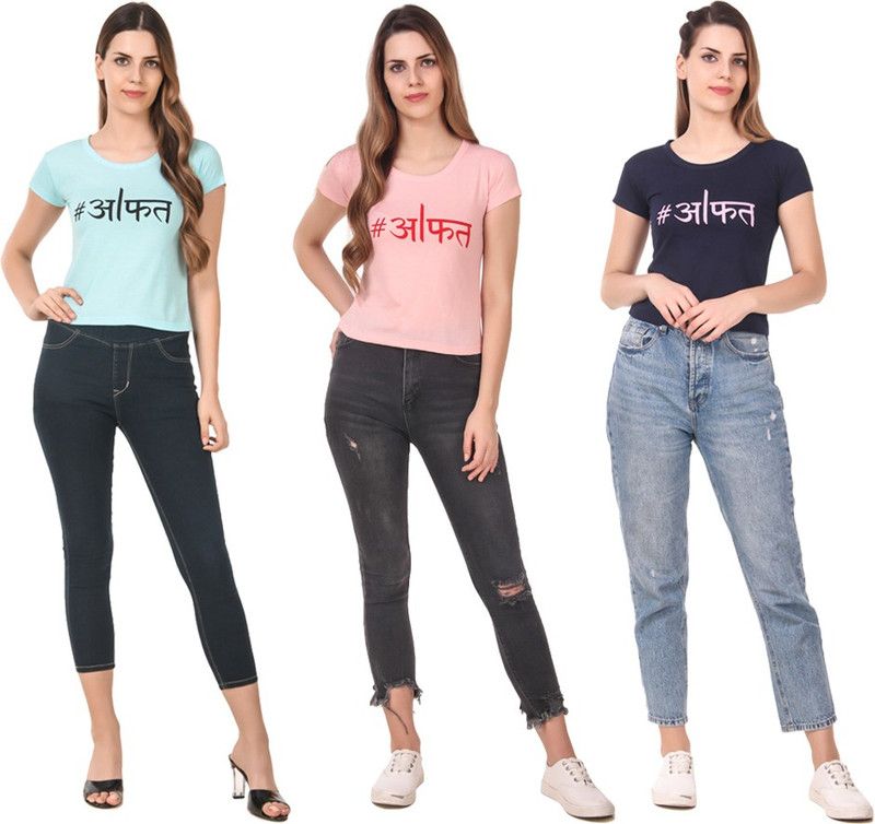 Pack of 3 Women Printed Round Neck Cotton Blend Blue, Pink T-Shirt