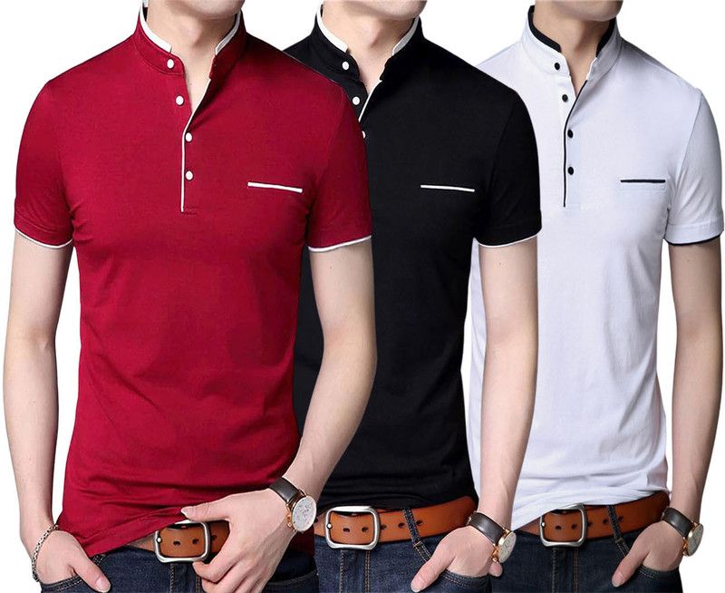 Pack of 3 Men Solid Mandarin Collar Cotton Blend Red, Black, White T-Shirt