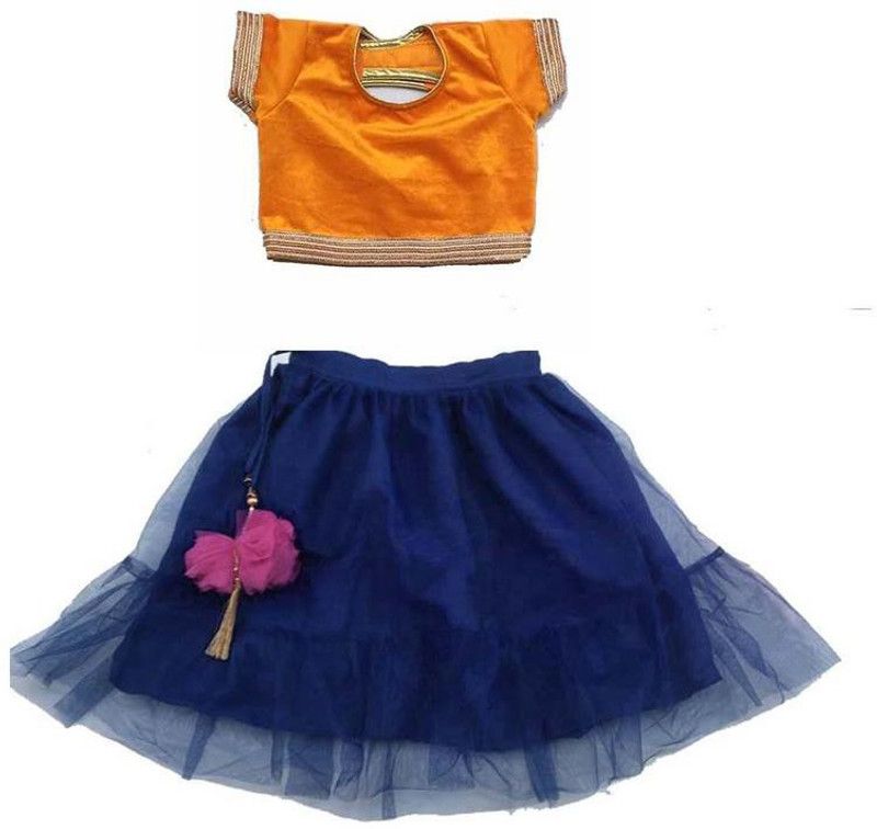 Baby Girls Lehenga Choli Fusion Wear Floral Print Lehenga, Choli and Dupatta Set  (Blue, Pack of 1)