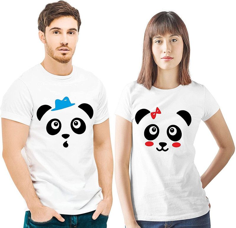 Pack of 2 Panda printed tshirt for couples Couple Typography Round Neck Cotton Blend White T-Shirt