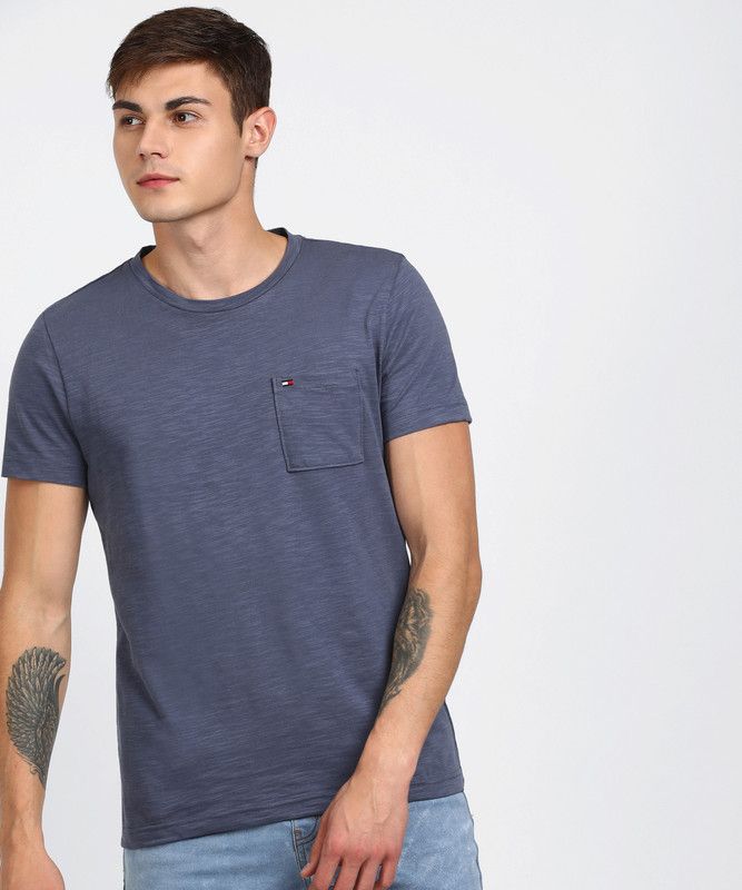 WCC SLUB POCKET TEE Men Self Design Round Neck Pure Cotton Blue T-Shirt
