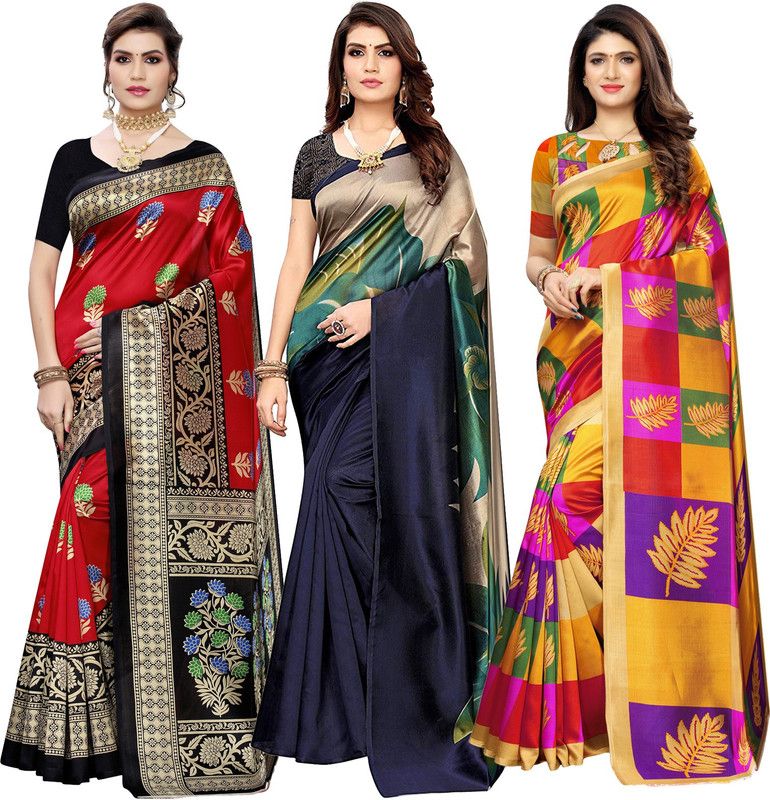 Printed, Striped, Floral Print Banarasi Silk Blend Saree  (Pack of 3, Dark Blue, Red, Yellow)