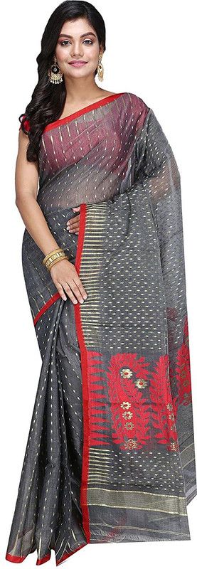 Embroidered Jamdani Cotton Silk Saree  (Grey)