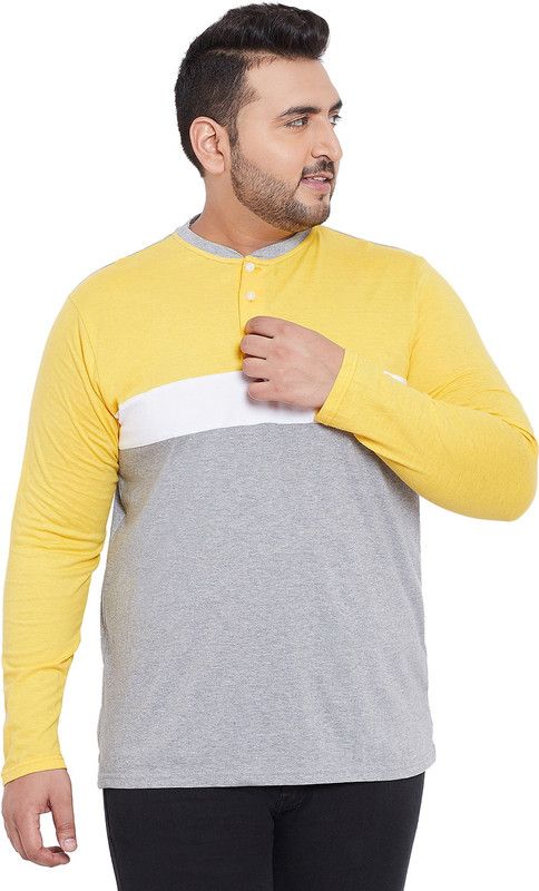 Jase Men Striped Henley Neck Pure Cotton White, Grey, Yellow T-Shirt