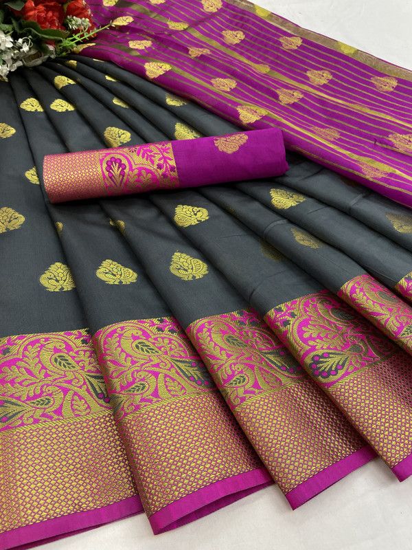 Embellished Dharmavaram Jacquard Saree  (Grey)