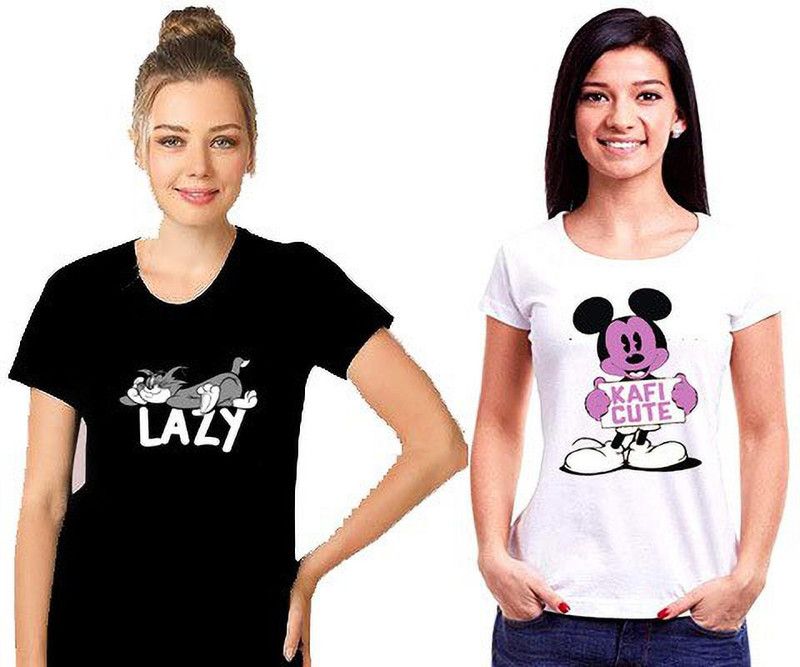 Pack of 2 Self Design Women Round Neck Black Lazy&WhiteKafiT-Shirt -XL Women Self Design Round Neck Cotton Blend White, Black T-Shirt