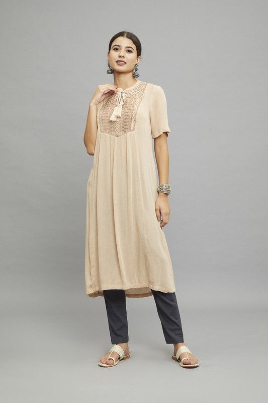 Women Self Design Viscose Rayon A-line Kurta  (Beige)