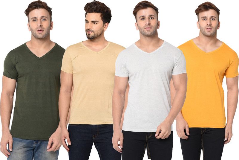 Pack of 4 Men Solid V Neck Cotton Blend Green, Beige, Grey, Yellow T-Shirt