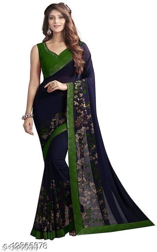 Embellished, Digital Print, Printed Bollywood Georgette, Chiffon Saree  (Black, Green)