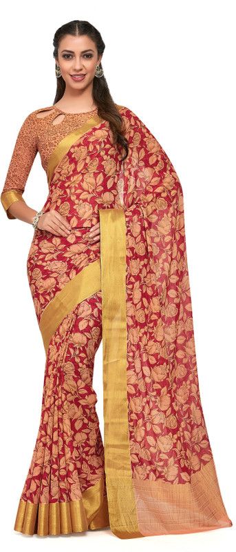 Printed Kalamkari Chiffon Saree  (Red)