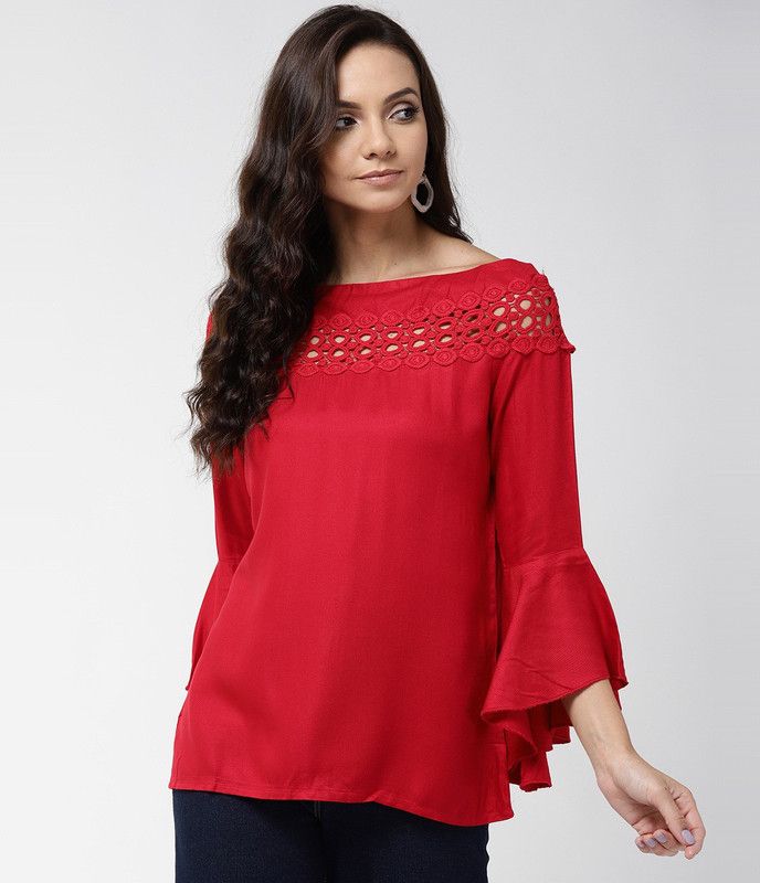 Casual Flutter Sleeves Lace Women Red Top