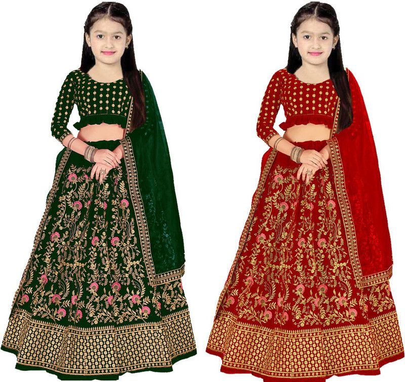 Girls Lehenga Choli Party Wear Embroidered Lehenga Choli  (Green, Pack of 2)